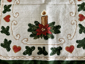 Christmas Poinsettia Candle West Germany Table Runner Linen & Baumwolle Vintage